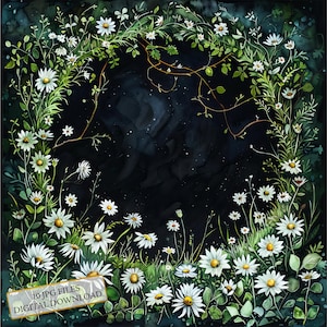 Pacchetto di clipart "Cielo notturno magico incorniciato da margherite": 10 JPG acquerellati di alta qualità: fantasy, journaling, scrapbooking, download digitale