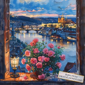 Vista nocturna de Praga desde una ventana con flores. Paquete de imágenes prediseñadas: 10 archivos JPG de acuarela de alta calidad. Para diario, scrapbooking y descarga digital.