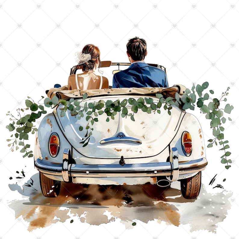 Bride and Groom in Just Married Wedding Car PNG Clipart Bundle- Digital ...