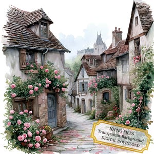Old French Village Overgrown with Flowers PNG Clipart Bundle- Digital Download