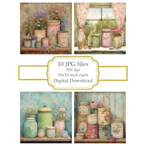 シャビーシックなレトロな缶と花のJPGクリップアートバンドル - デジタルダウンロード