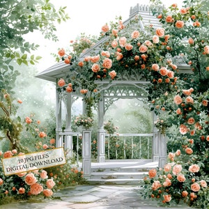 Vintage tuin met romantische roos prieel clipartbundel-10 hoge kwaliteit aquarel jpg's-craft, journaling, scrapbooking, digitale download