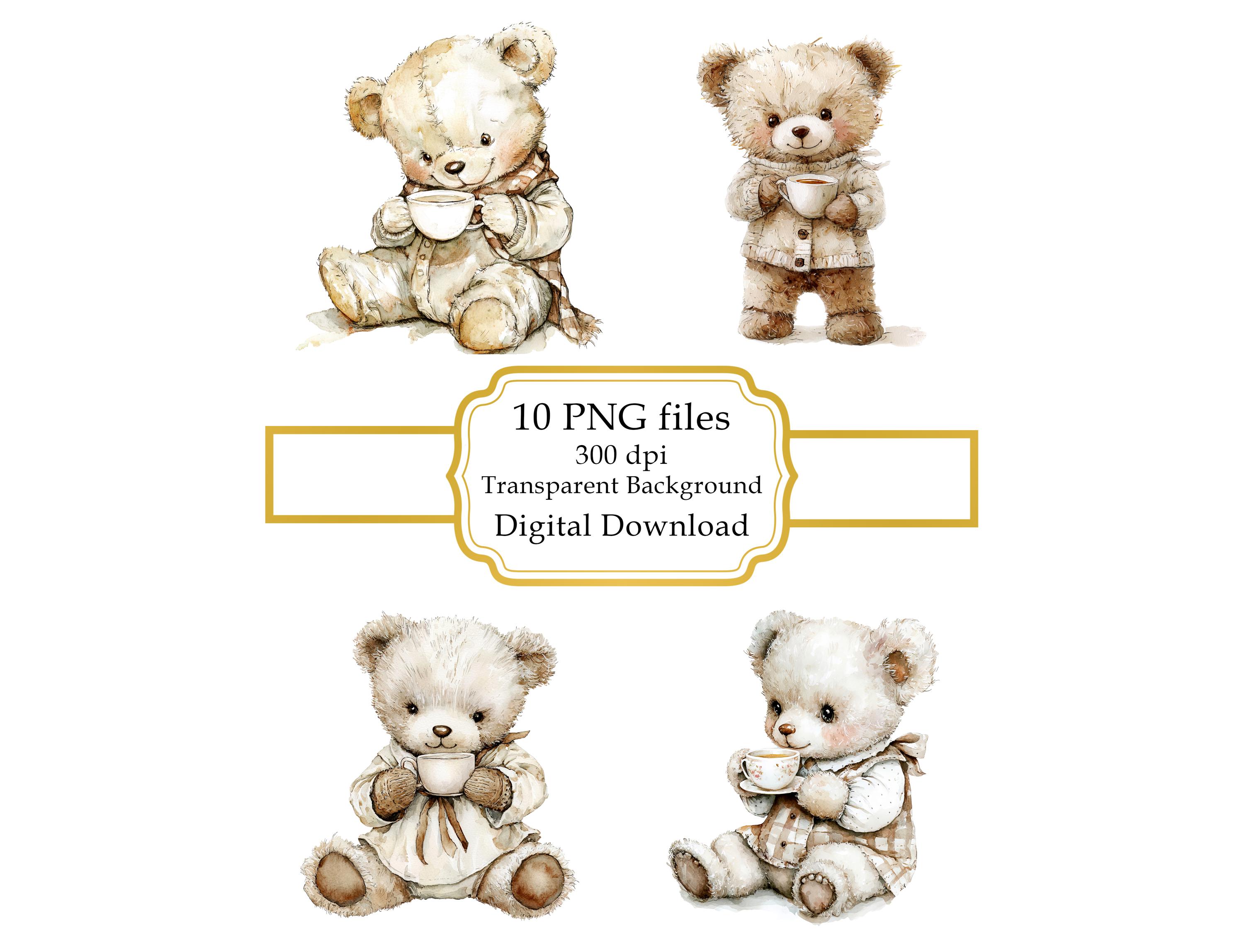 Baby Teddy Bear With Warm Cup of Drink PNG Clipart Bundle- Digital