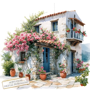 Oud Grieks huis begroeid met bloemen clipartbundel-10 hoge kwaliteit aquarel jpgs-journaling, scrapbook levering, digitale download