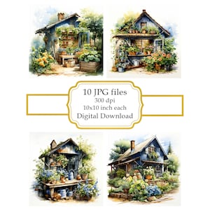 Kleines Gartenhaus, umgeben von Pflanzen JPG Clipart Bundle-Digital Download