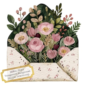 Pakiet clipartów Spring Flowers Inside Envelope - 10 wysokiej jakości akwareli PNG - rzemiosło, dziennikarstwo, materiały do scrapbookingu, pobieranie cyfrowe