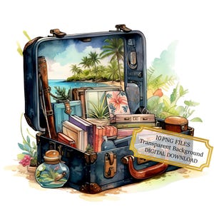 Vintage Koffer mit Souvenirs Clipart Bundle-10 hochwertige Aquarell PNGs - Sommerferien Kunst, Journaling, Scrapbook, digitaler Download