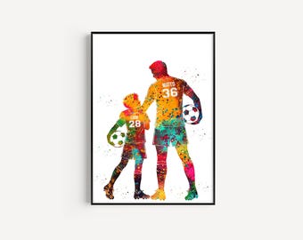 Dad and Son Soccer Personalized Name and Number, Sport, Watercolor Art Gift, Printable Poster