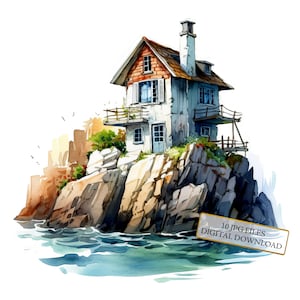 Paquete de imágenes prediseñadas de una casa junto al mar sobre rocas: 10 imágenes en acuarela de alta calidad (JPG) - Vida marina, material para diario, scrapbooking, descarga digital