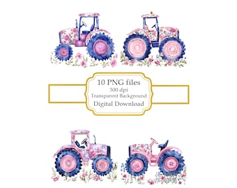 Pink Floral Patterned Tractor PNG Clipart Bundle- Digital Download