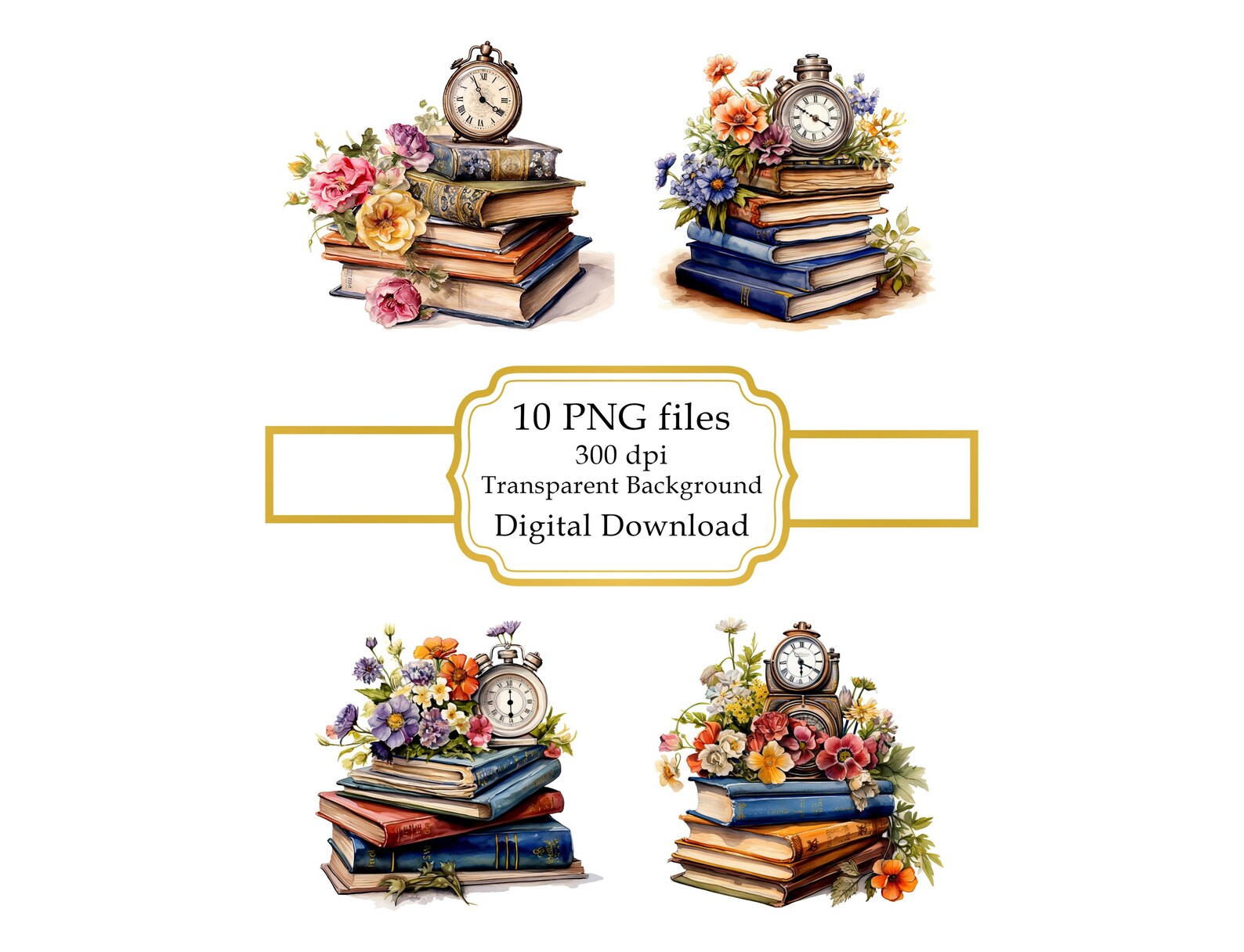 Reading Time, Books With Clock and Flowers PNG Clipart Bundle- Digital ...