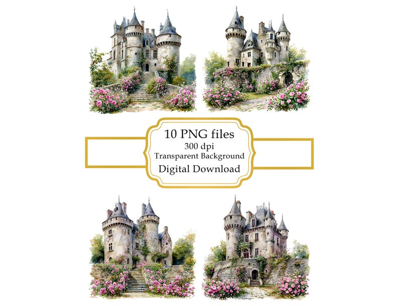 French Castle Overgrown with Flowers PNG Clipart Bundle- Digital Download image 1