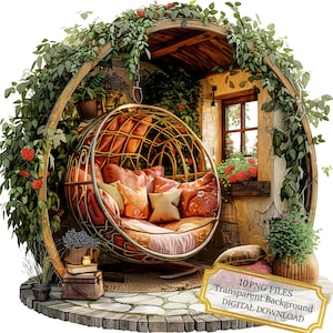 Paquete de imágenes prediseñadas de un rincón acogedor con columpio en forma de huevo: 10 PNG de acuarela de alta calidad. Hogar, manualidades, diario, scrapbooking, descarga digital.