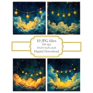 Paquete de imágenes prediseñadas JPG de pequeñas estrellas brillantes en un tendedero en el cielo nocturno (descarga digital)