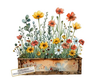 Spring Flowers in Rustic Rusty Box Clipart Bundle- 10 High Quality Watercolor JPGs- Garden, Journaling, Scrapbook, Digital Download