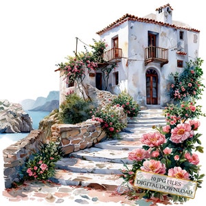 Vecchio villaggio greco ricoperto di fiori Clipart Bundle- 10 JPG di acquerelli di alta qualità- Artigianato, diario, album, download digitale