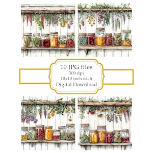 Frascos y hierbas en estantes de cocina rústica (JPG Clipart Bundle - Descarga digital)