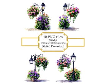 Antique Lamppost with Hanging Flower Baskets PNG Clipart Bundle- Digital Download