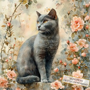 Portrait de chat bleu russe avec fleurs Clipart Bundle-10 JPG aquarelles de haute qualité-artisanat, journalisation, fournitures de scrapbooking en téléchargement numérique