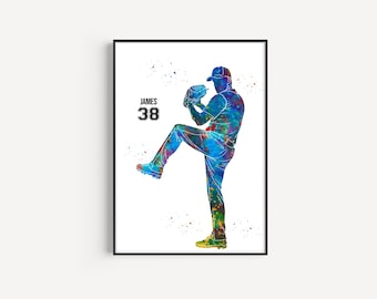 Male Softball Player, Personalized Name and Number, Sport, Watercolor Art Gift, Printable Poster