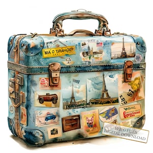 Paquete de imágenes prediseñadas de maleta vintage con pegatinas de viaje: 10 archivos JPG de acuarela de alta calidad. Manualidades, diario, scrapbooking y descarga digital.
