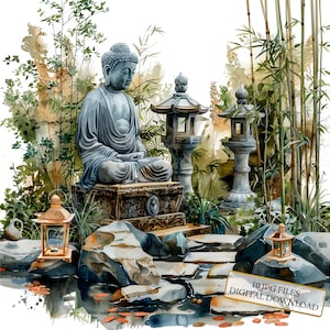 Zen-Garten mit Buddha-Statue Clipart Bundle - 10 hochwertige Aquarell JPGs - Basteln, Junk Journaling, Scrapbook Versorgung, digitaler Download