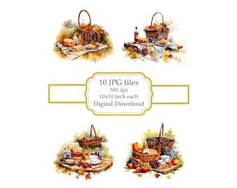 Panier pique-nique dans un paysage d'automne JPG Clipart Bundle - téléchargement numérique