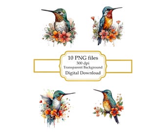 Kolibri mit Blumen PNG Clipart Bundle-Digital Download