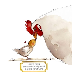 Adorabile raccolta di clipart di chioccia e pulcino - 10 immagini PNG acquerellate di alta qualità - Schizzi di animali, journaling, scrapbooking, download digitale
