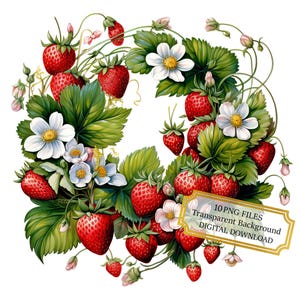 Strawberry Flower Wreath Clipart Bundle- 10 High Quality Watercolor PNGs- Nature Art, Journaling, Scrapbook Supply, Digital Download