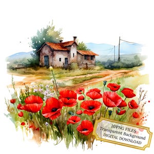 Mohnblumenfeld mit einem Vintage Haus Clipart Bundle-10 hochwertige Aquarell PNGs - Cottage Art, Journaling, Scrapbook Versorgung, digitaler Download