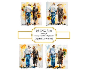 Old Couple Walking Hand in Hand with Sunflowers PNG Clipart Bundle- Digital Download