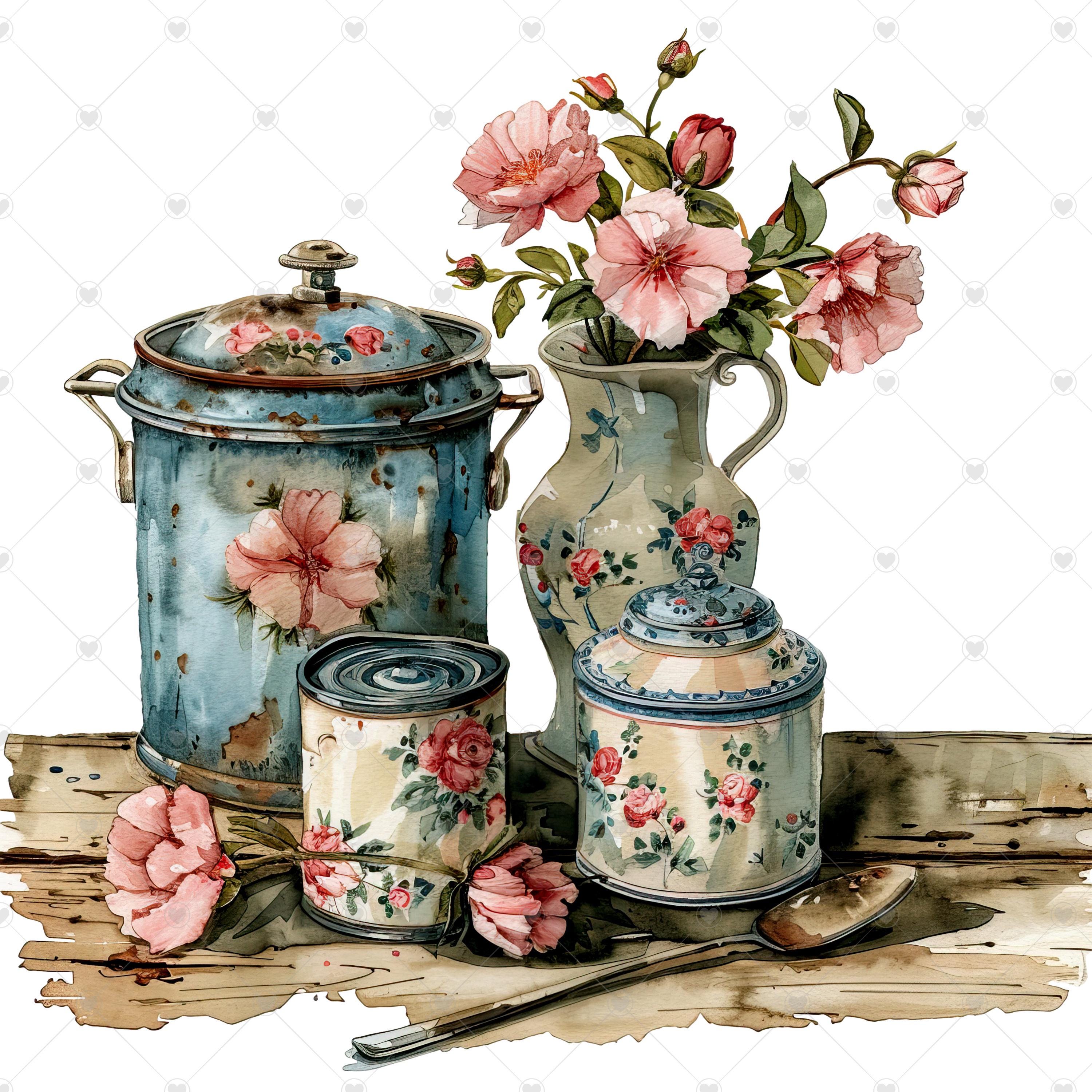 vintage floral kitchen scene clipart set graphic by... Floral Vintage Farmhouse Kitchen Cookware PNG Clipart Bundle- Digital ...