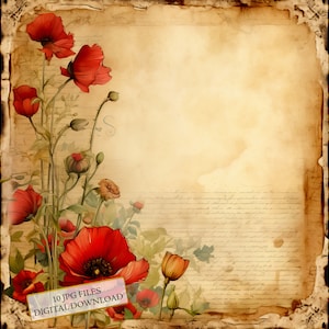Pacote de clipart de páginas de diário de papoula vintage - 10 JPGs de aquarela de alta qualidade - Decoupage Craft Junk Journaling, Scrapbook, download digital
