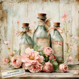 Paquete de imágenes prediseñadas de botellas vintage shabby chic con flores rosas: 10 archivos JPG de acuarela de alta calidad para diario, scrapbooking y descarga digital.