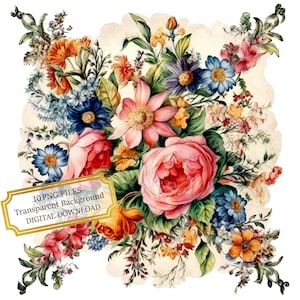 Paquete de servilletas florales vintage (10 PNG de acuarela de alta calidad) para decoupage, manualidades, scrapbooking, descarga digital