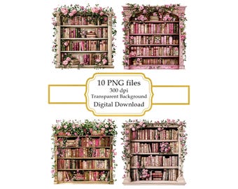 Pink Floral Antique Bookshelf PNG Clipart Bundle- Digital Download