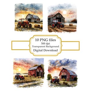 Tractor by an Old Barn and Hay Bales PNG Clipart Bundle- Digital Download