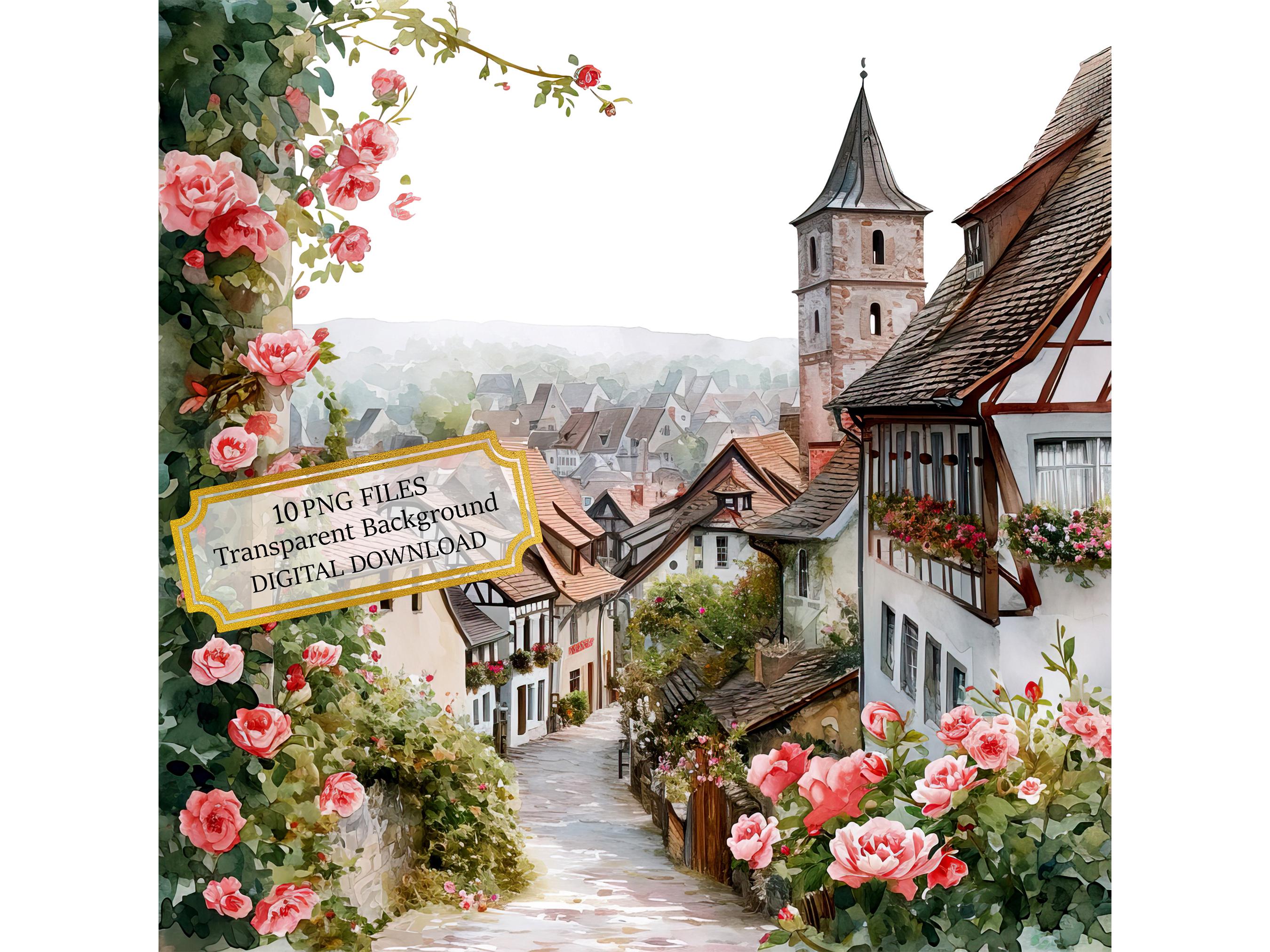 Old German Village Overgrown with Flowers Clipart Bundle- 10 High Quality Watercolor PNGs- Craft, Journaling, Scrapbook, Digital Download