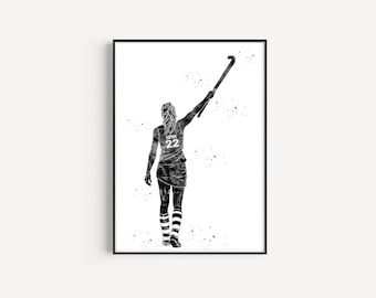 Female Field Hockey Player, Personalized Name and Number, Sport, Watercolor Art Gift, Printable Poster