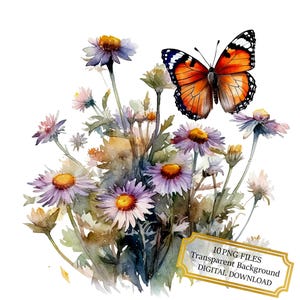 Butterflies and Wildflowers Clipart Bundle- 10 High Quality Watercolor PNGs- Meadow Art, Journaling, Scrapbook Supply, Digital Download
