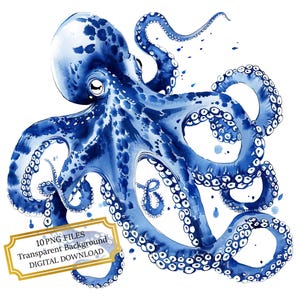 Könnte beinhalten: Eine blaue Aquarell-Illustration eines Kraken mit acht Tentakeln. Der Krake ist mit einem detaillierten, strukturierten Design dargestellt, und die Tentakel sind gekräuselt und ineinander verschlungen.