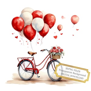 Pacote de clipart de bicicleta com balões vermelhos - 10 PNGs de aquarela de alta qualidade - Dia dos Namorados, Diário, Suprimentos para Scrapbook, Download digital
