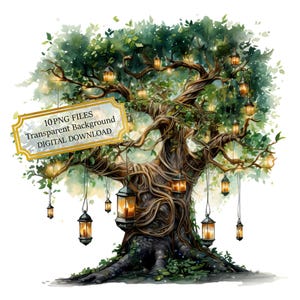 Ancient Tree with Lanterns Clipart Bundle- 10 High Quality Watercolor PNGs- Fairy Tale Craft, Journaling, Scrapbook Supply, Digital Download