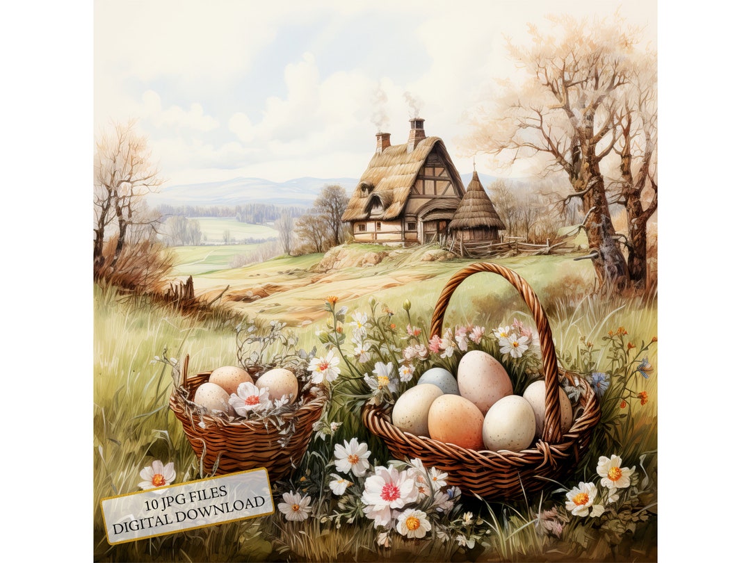 Rural Scenery With Basket of Easter Eggs and Flowers JPG Clipart Bundle ...