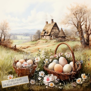 Rural Scenery with Basket of Easter Eggs and Flowers Clipart Bundle- 10 High Quality Watercolor JPGs-Journaling, Scrapbook, Digital Download