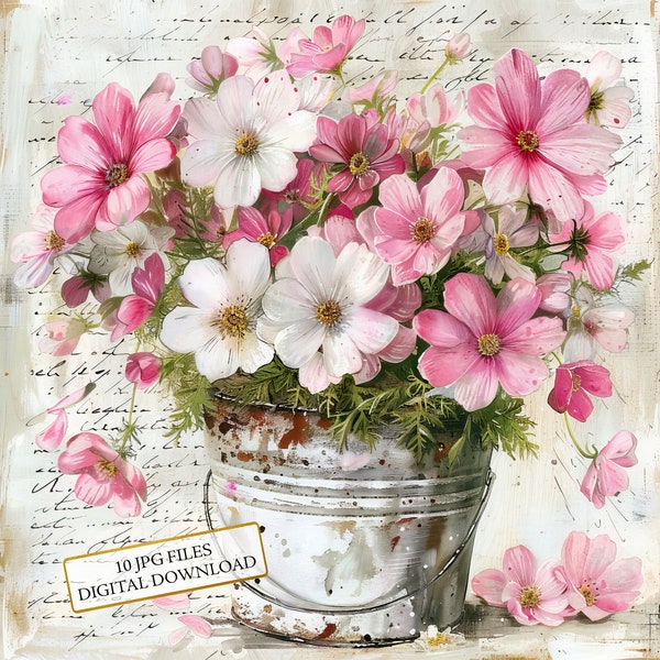 Shabby Chic Bucket of Flowers Clipart Bundle- 10 High Quality Watercolor JPGs- Craft, Journaling, Scrapbook Supply, Digital Download