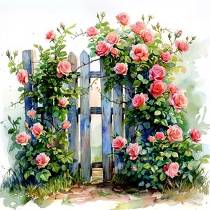 Cottage Garden Tor mit rosa Rosen Clipart Bundle - 10 hochwertige Aquarell JPGs - Basteln, Junk Journaling, Scrapbook, digitaler Download