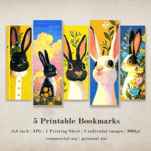 Puede incluir: Cinco marcapáginas imprimibles con bonitas ilustraciones de conejos con detalles florales. Cada marcapáginas mide 5,1 x 15,2 cm y está disponible en formato JPG de alta resolución.