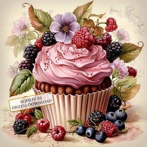 Shabby Chic Fruit Cupcake Clipart Bundle - 10 JPG ad acquerello di alta qualità - Arte da cucina, diario, scrapbooking, download digitale